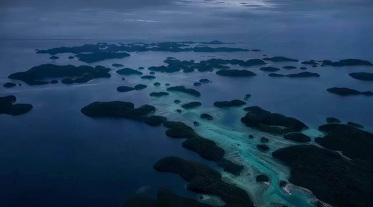 Aerial view of a scattered chain of low islands lying in pale shallow water at dusk.