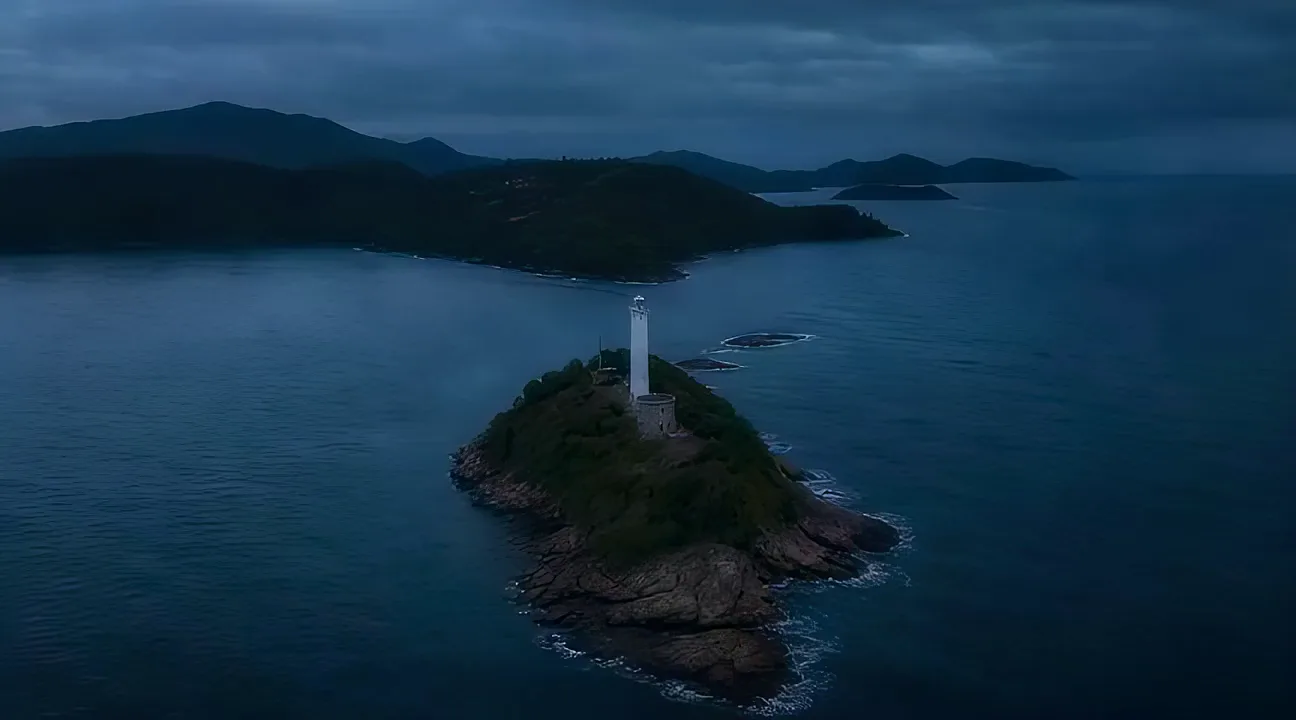 A white lighthouse standing alone on a small rocky islet, with wooded headlands behind it.